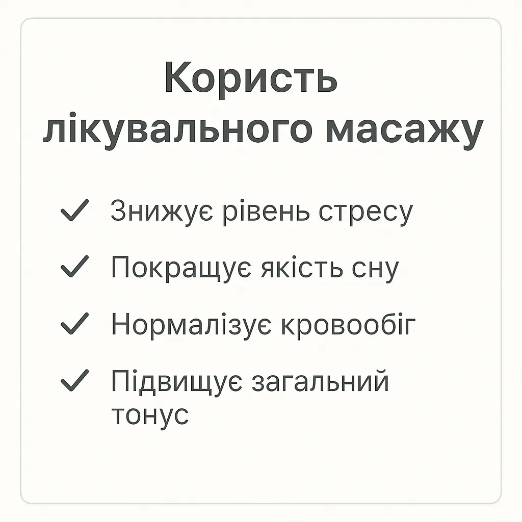 Переваги лікувального масажу: зниження стресу, покращення сну, нормалізація кровообігу та підвищення тонусу